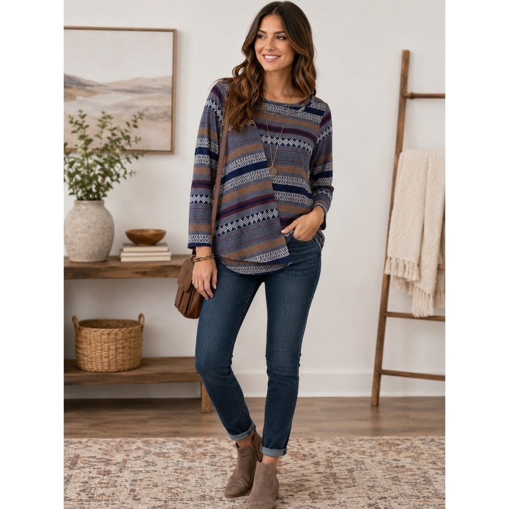 The Odells Split Back Tunic Top Geometric Print Long Sleeve Boho Size XS
